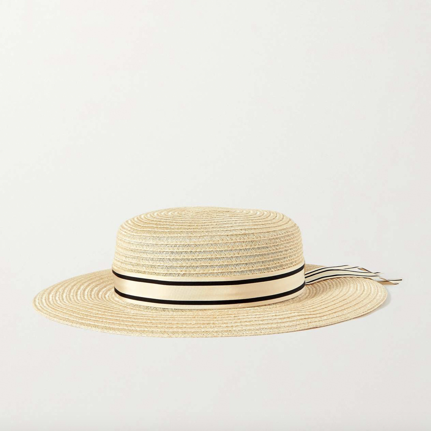草帽推薦：Eugenia Kim條紋緞帶裝飾寬簷草編帽