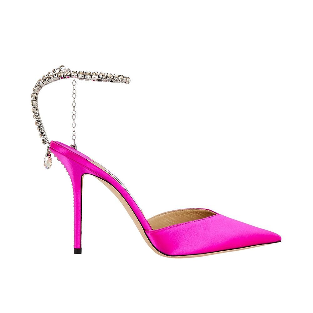 Saeda 100mm crystal satin pumps with ankle strap