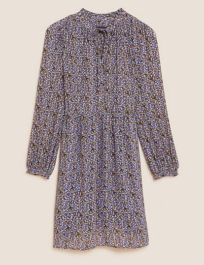 Sheer Ditsy Floral Tie Neck Mini Dress