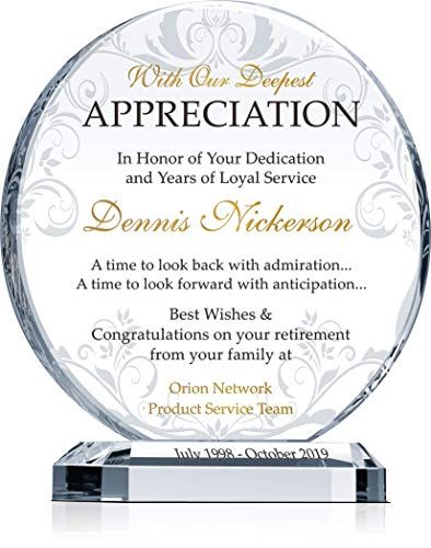 Personalized Crystal Employee Retirement Appreciation Gift Plaque
