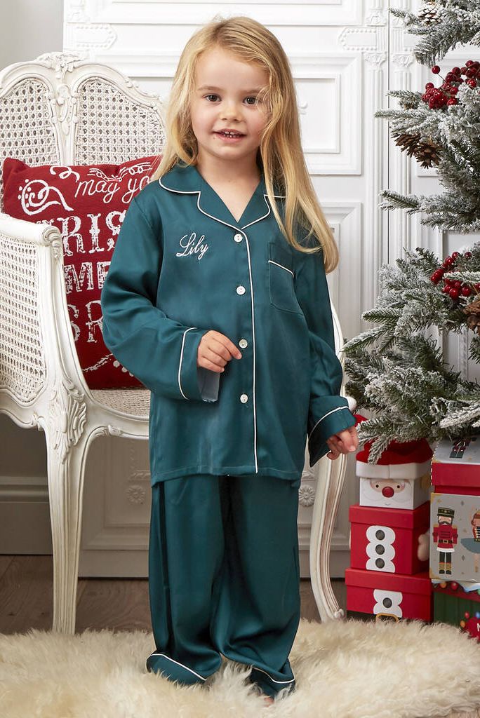 Personalised Girl's Green Satin Pyjamas, £35.00