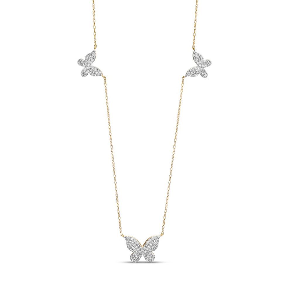 1/3 CT. T.W. Diamond Triple Butterfly Station Necklace in 10K Gold 