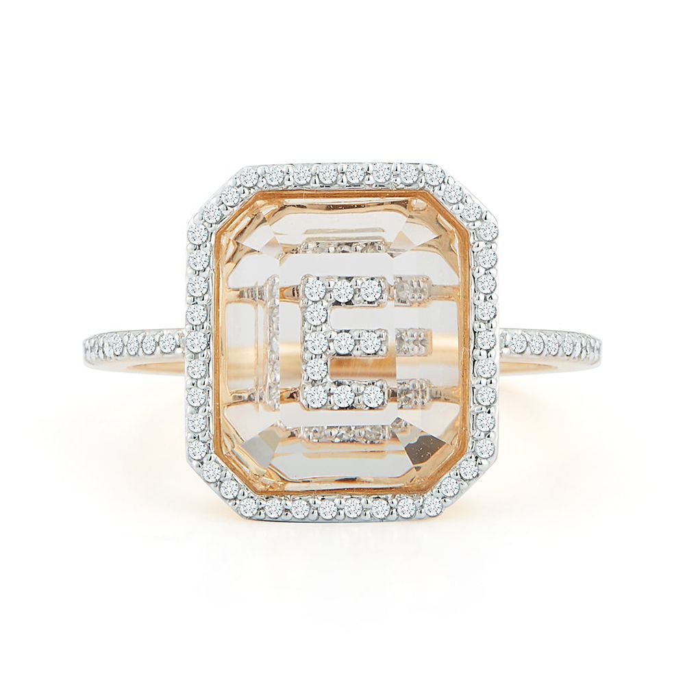 14K Gold Diamond Frame Crystal Quartz Secret Diamond Initial ring