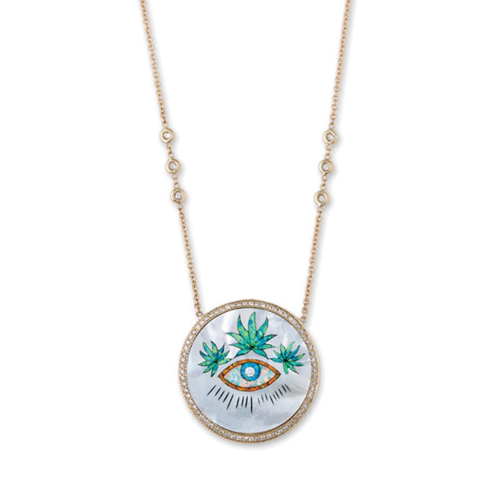 Pave Eye Sweet Leaf Crown Inlay Necklace