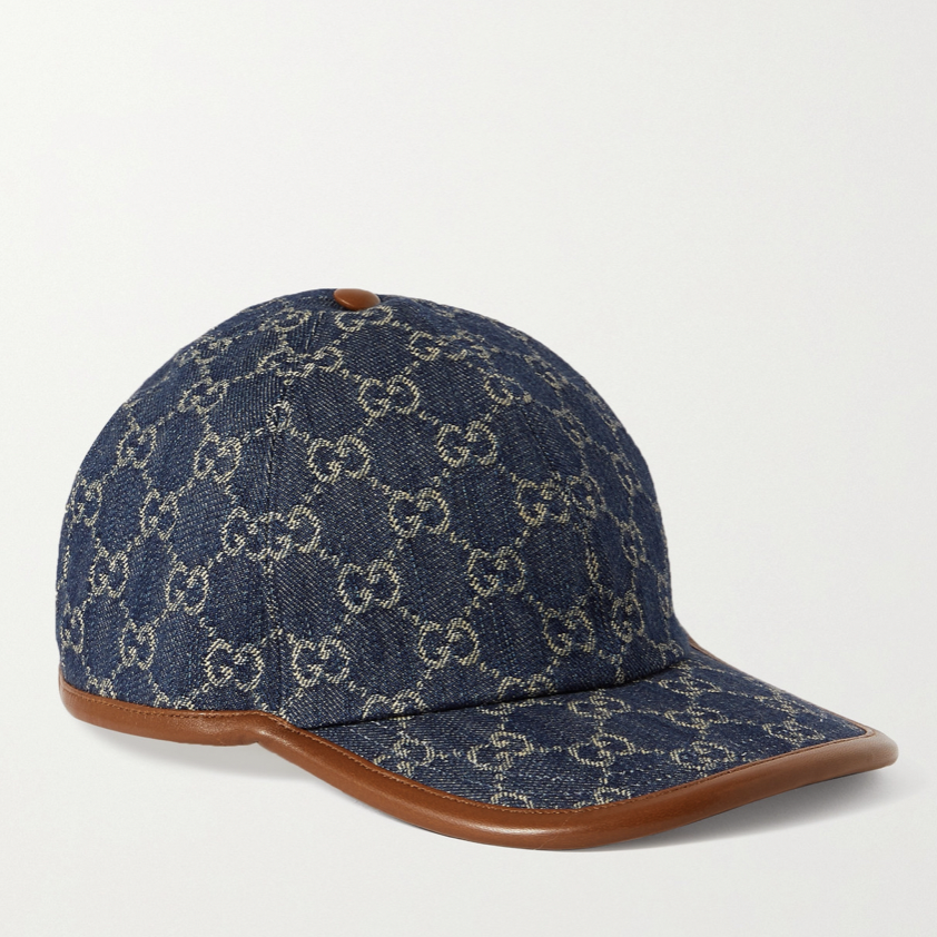 棒球帽推薦：Gucci皮革緄邊Logo印花丹寧棒球帽