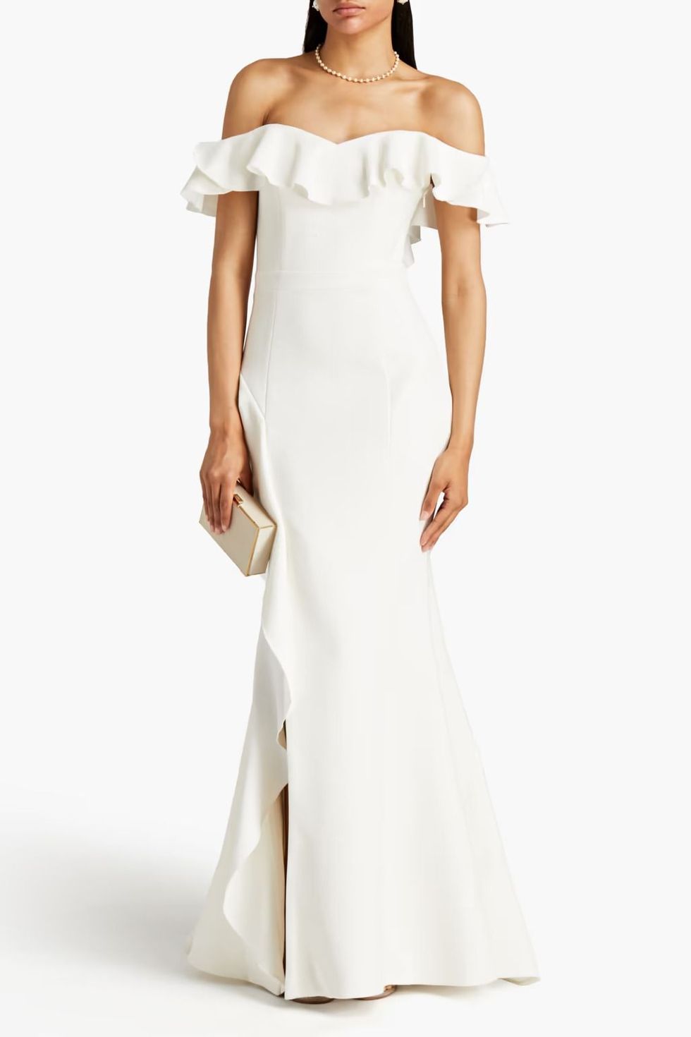 Aegean off-the-shoulder ruffled crepe gown