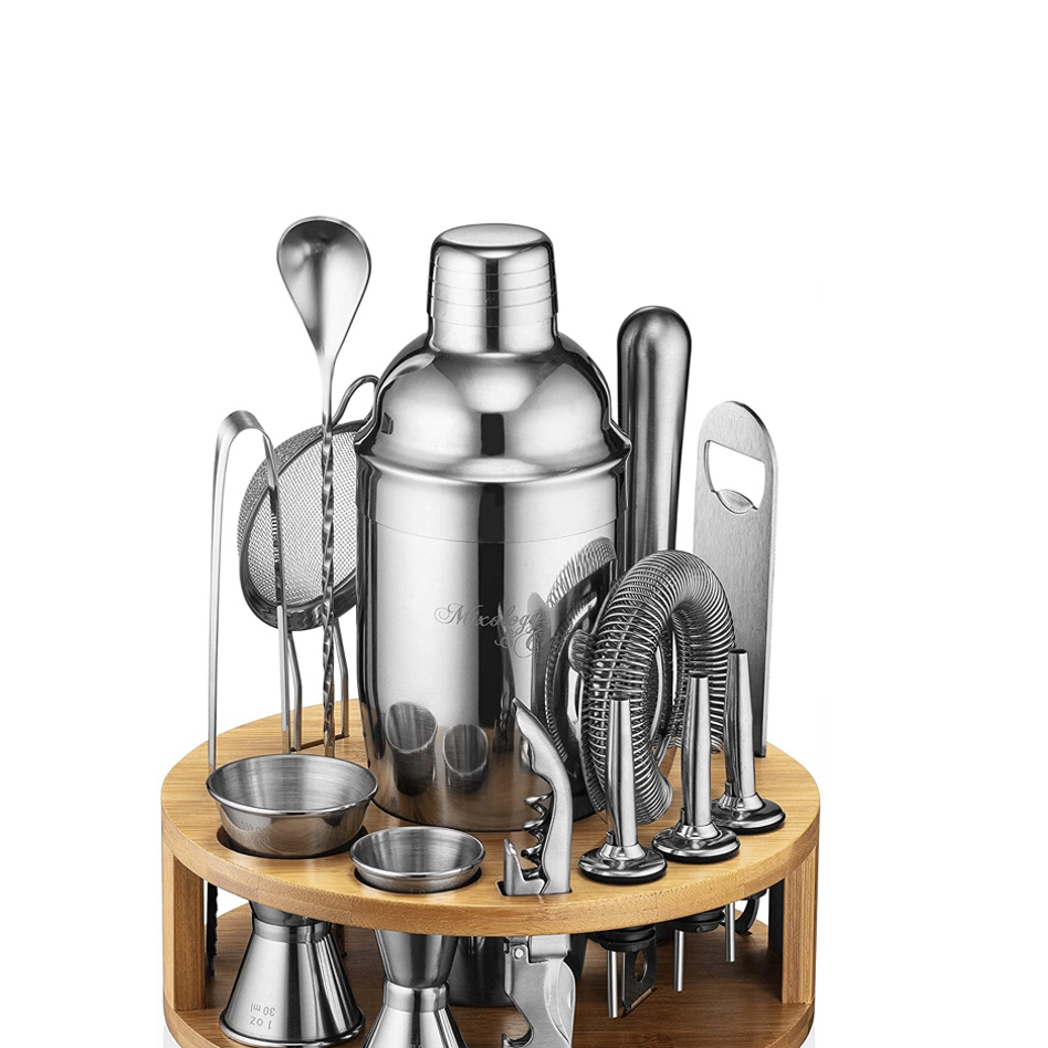 Cocktail Shaker Set Bartender Kit with Bamboo frame and 10 Pieces