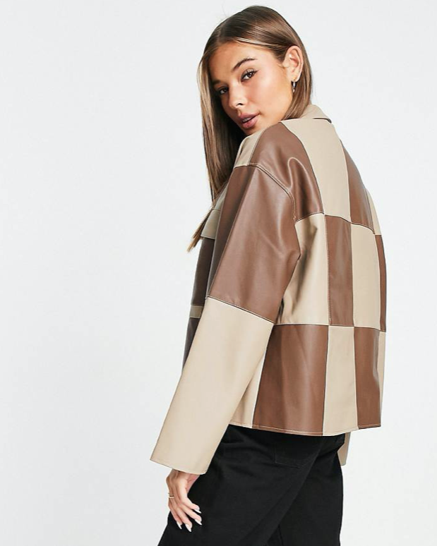 ASOS DESIGN Paneled Faux Leather Jacket in Brown