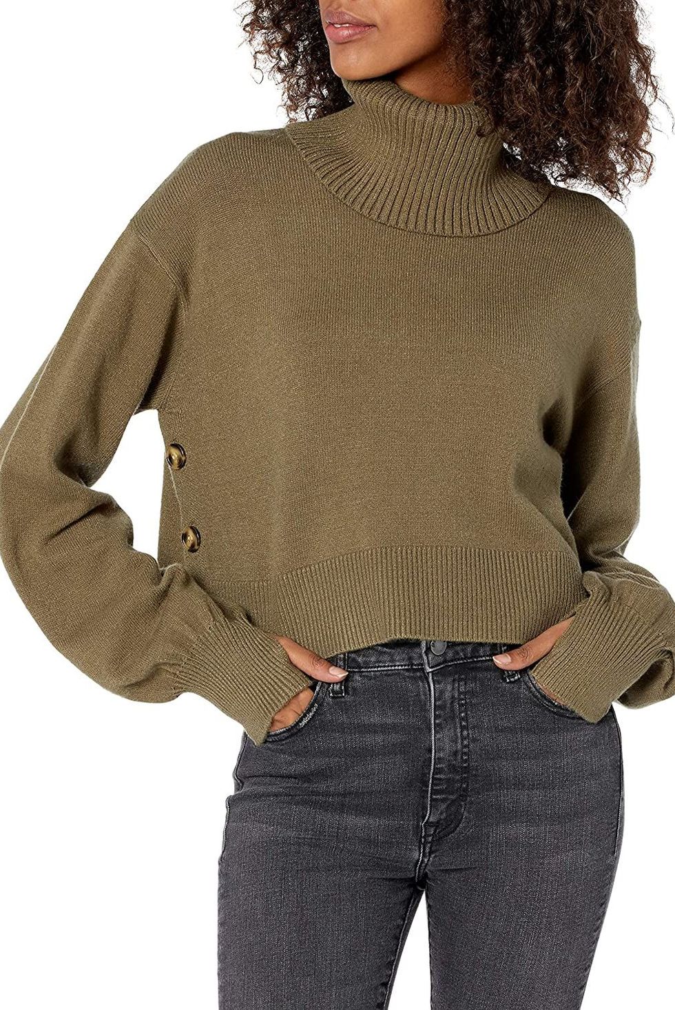Side Button Cropped Turtleneck Sweater