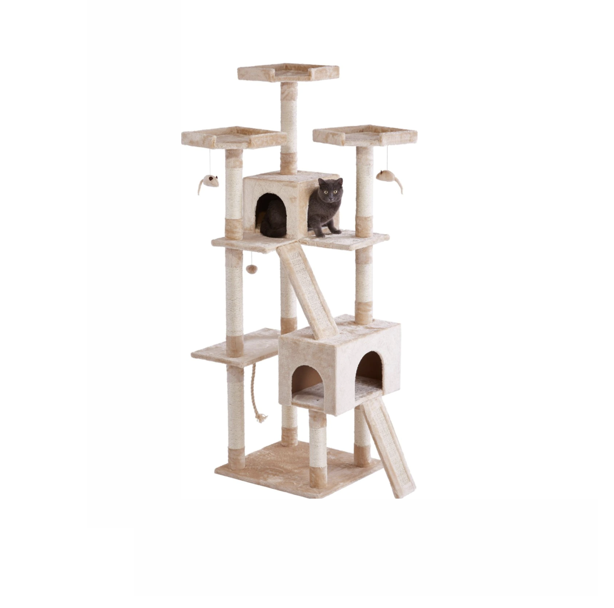 PETEPELA 69 Inches Cat Tree Large Cat Tower with 2 Condos and 2 Perches,2 Ramp Ladder Grey Kitty Climber Tower Furniture 