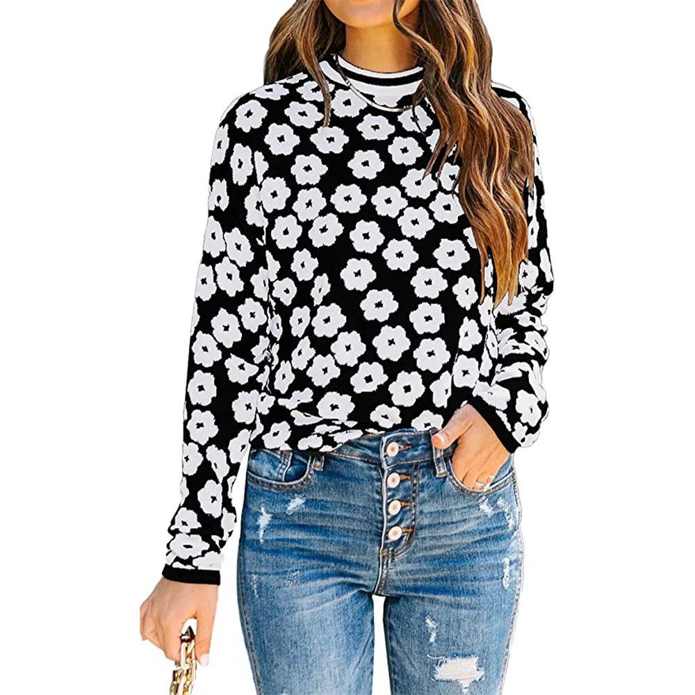 Knit Floral Print Pullover Sweater
