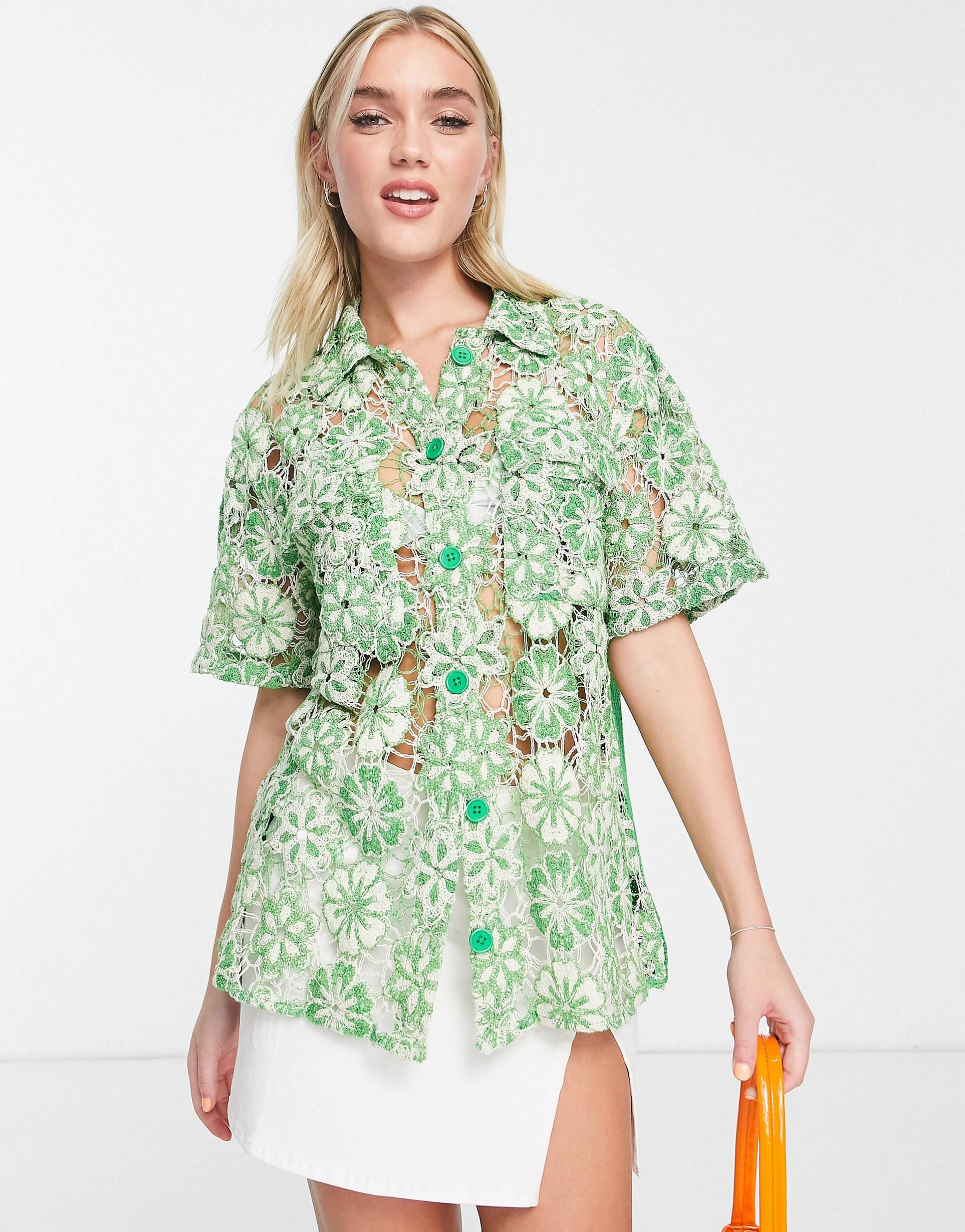     Green Floral Crochet Short Sleeve Shirt
