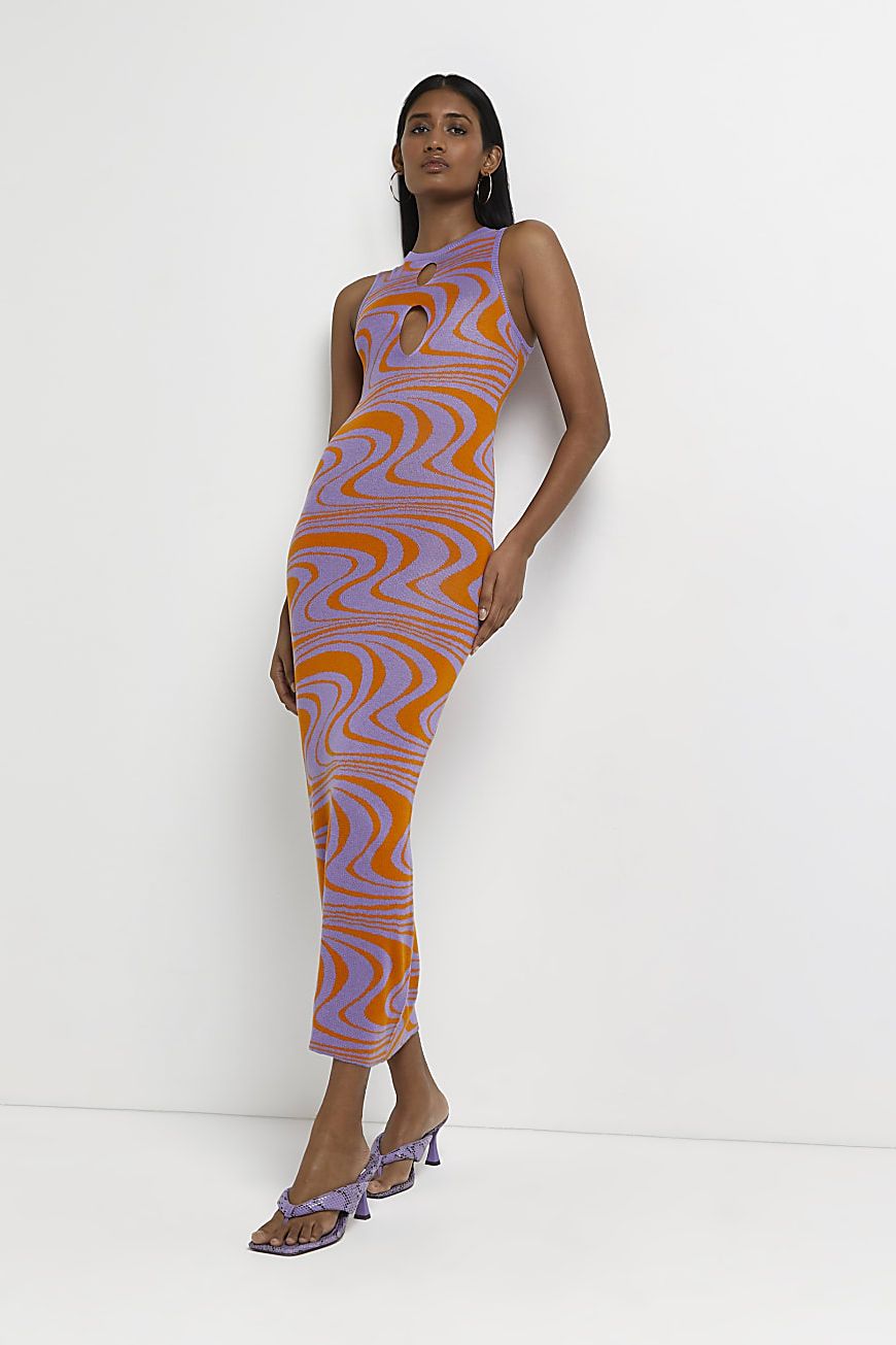 Orange printed cut out knit bodycon dress: Cut out dresses