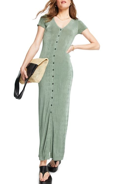ASOS DESIGN Slinky Short Sleeve Maxi Dress in Khaki 