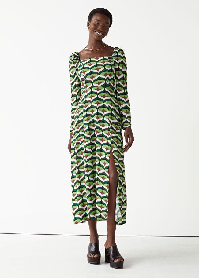 Printed Puff Sleeve Midi Dress