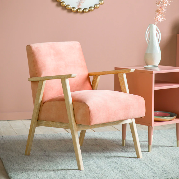 pink velvet chair wooden legs