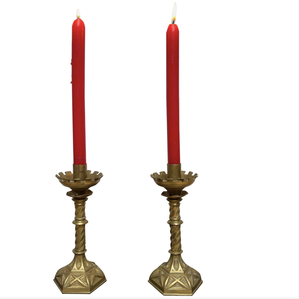 Antique Pair Gothic Revival of Handcrafted Gilt Bronze Candlesticks