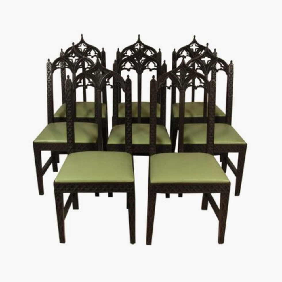19th-C. Gothic Dining Chairs, Set of 8