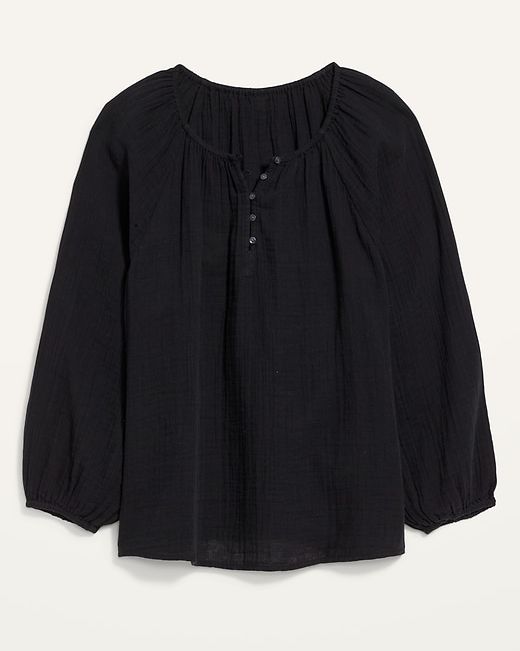 Shirred Double-Weave Long-Sleeve Blouse