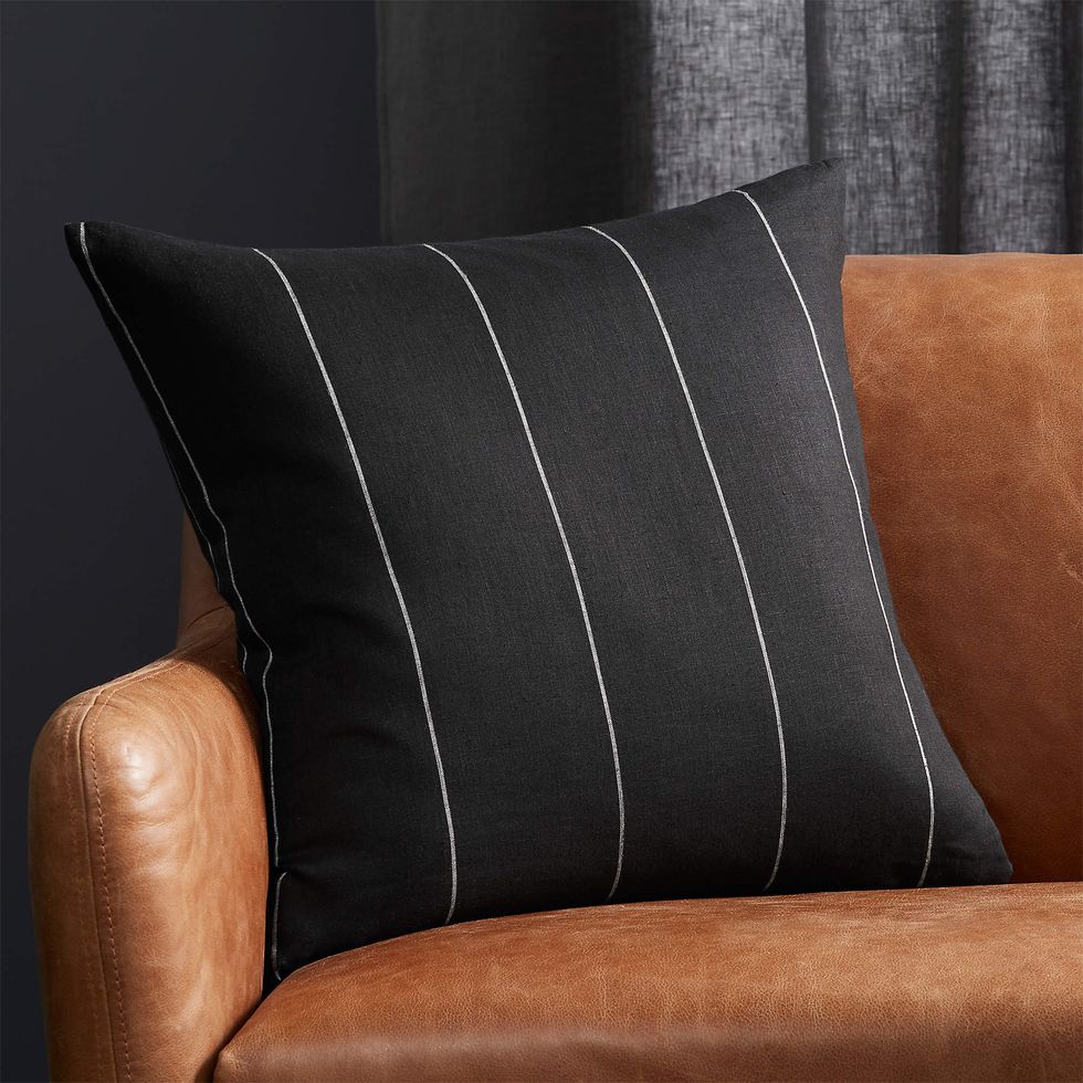 20" Pinstripe Black Linen Throw Pillow with Feather-Down Insert