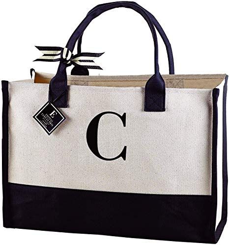 Classic Black and White Initial Canvas Tote Bag