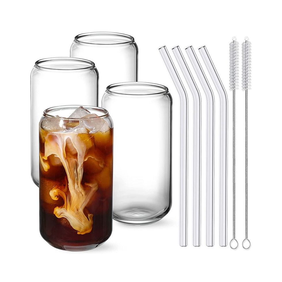 Drinking Glasses with Glass Straw 4pcs Set and Cleaning Brushes