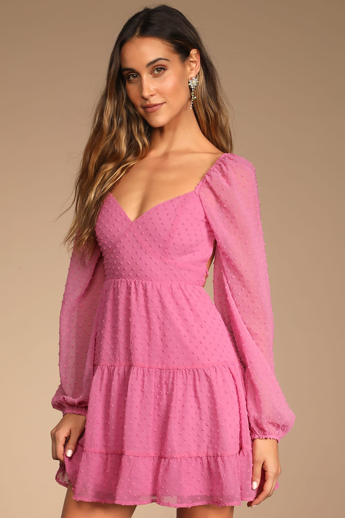 Pink Swiss Dot Puffed Long Sleeve Mini Dress
