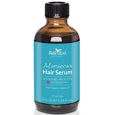 Belle Azul Moroccan Hair Serum - Tratamiento Reparador para Cabellos Dañados - Aceite de Argán 100% Puro - Serúm Capilar para Pelo Seco - Hidrata, Nutre, Suaviza y Acondiciona -Protector Térmico/100ml