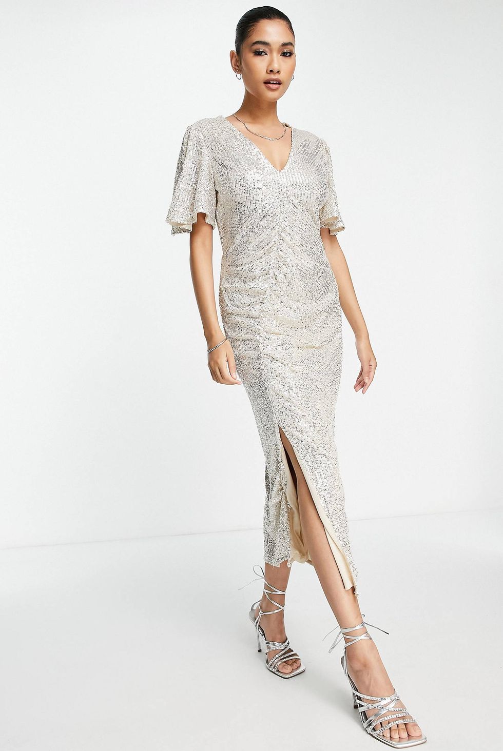 Ruched Sequin Midi Dress