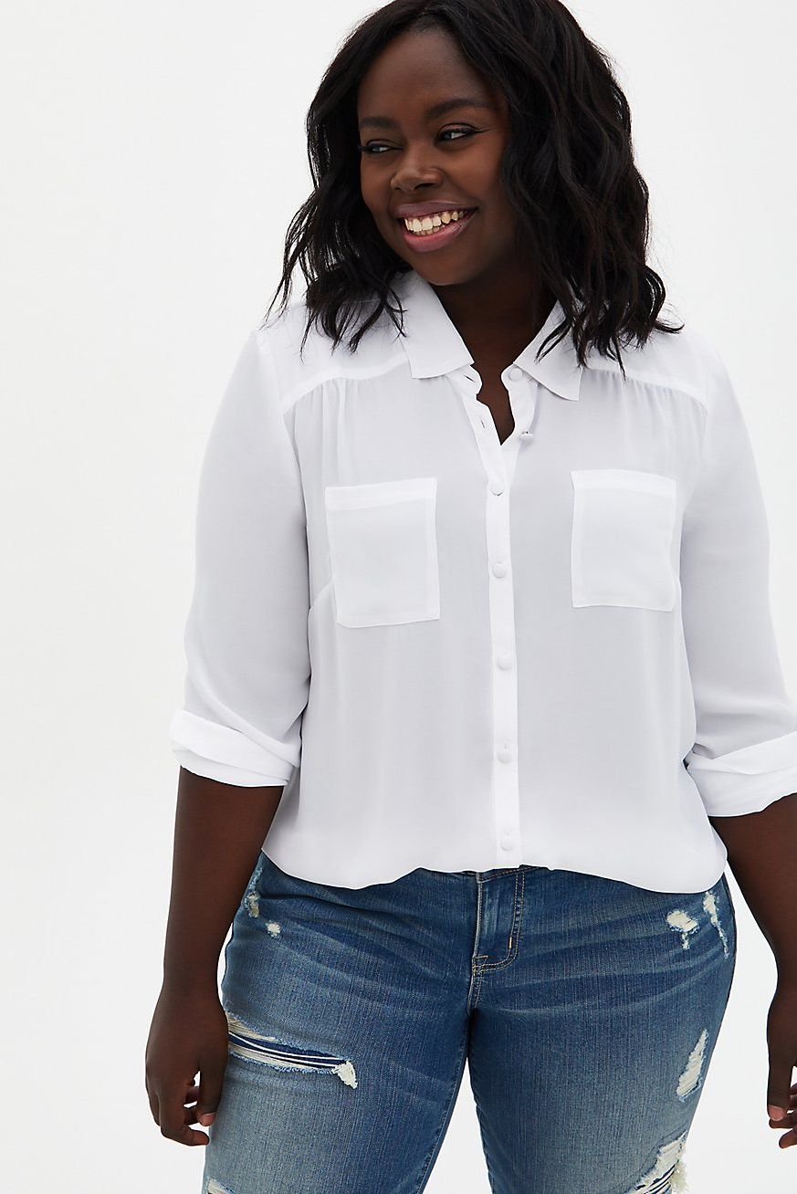 Cotton-Blend Poplin Button-Down Shirt, Women's Long Sleeve Shirts