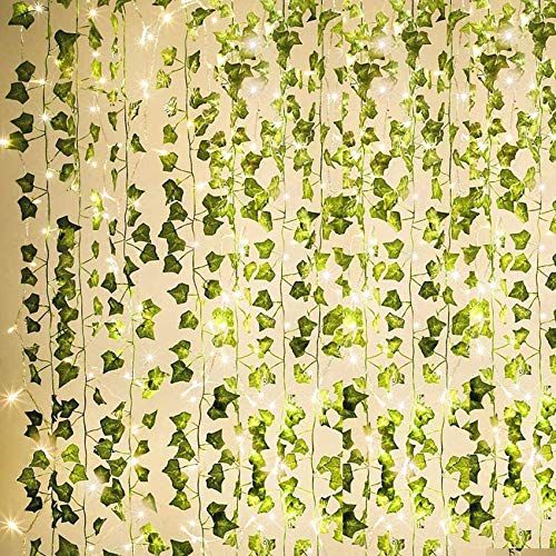 KASZOO 84Ft 12 Pack Artificial Ivy Garland Fake Plants Vine Hanging Garland with 80 LED String Light Hanging for Home Kitchen Garden Office Wedding Wall Decor Green