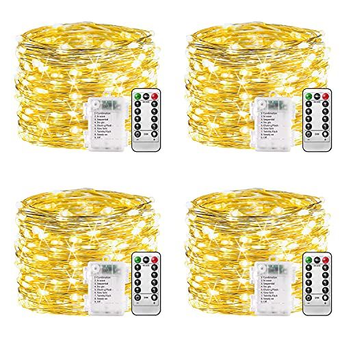 Battery Fairy Lights - 4 Pack, 10m 100 Led Copper Wire Fairy Lights, 8 Modes Remote Control Timer, Waterproof String Lights Battery Operated, Christmas Decoration Indoor Outdoor. (Warm White, 33ft)