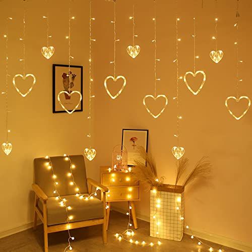 LED Curtain String Lights 8 Flashing Modes USB Heart-Shaped Curtain Lights for Valentine Window Garden Party Patio Decorations (Warm White)