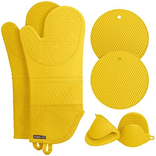 Extra Long Oven Mitts and Pot Holders Sets, RORECAY Heat Resistant Silicone  Oven Mittens with Mini Oven Gloves and Hot Pads Potholders for Kitchen  Baking Cooking, Quilted Liner, Black, Pack of 6 