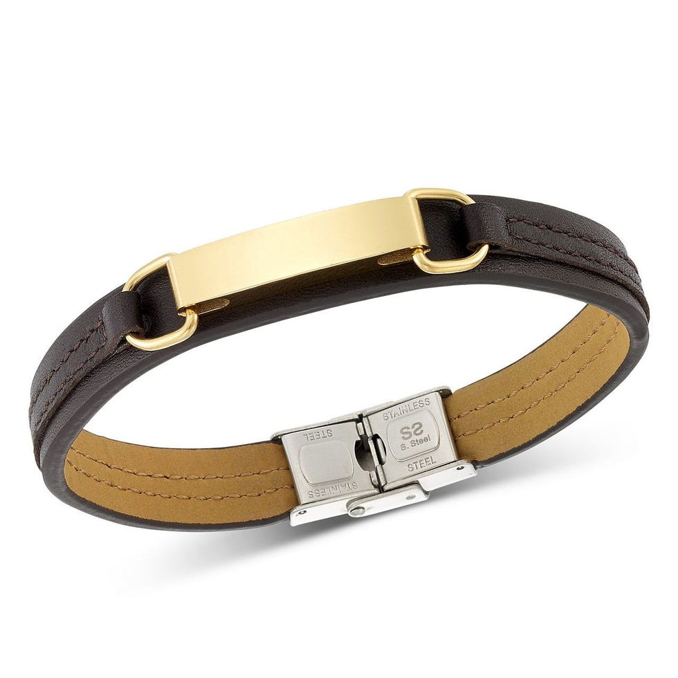 ID Plate Brown Leather Bracelet in Stainless Steel Yellow Ion-Plate