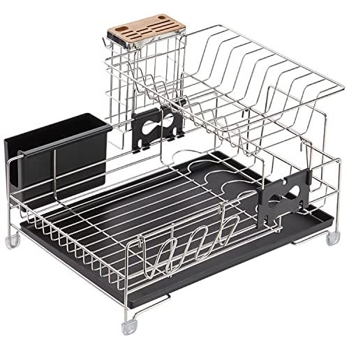 slhsy Dish Drying Rack, Stainless Steel 2-Tier Dish Rack with Cup/ Utensil  Holder Cutting Board / Knife Holder Drain Board for Kitchen Counter