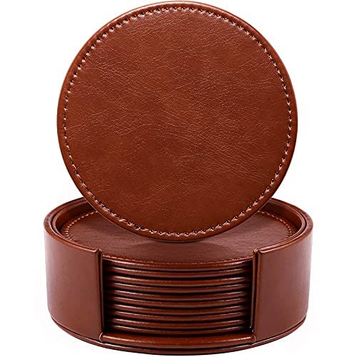 LAMOTI Leather Coasters for Drinks, 4" Drink Coasters Set of 6 with Holder for Tabletop Protection, Handmade Luxurious Home Décor and Housewarming Gift (Brown)