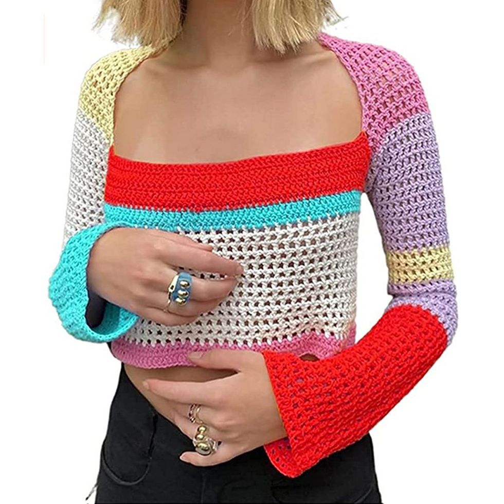 Square Neck Crochet Knit Sweater 