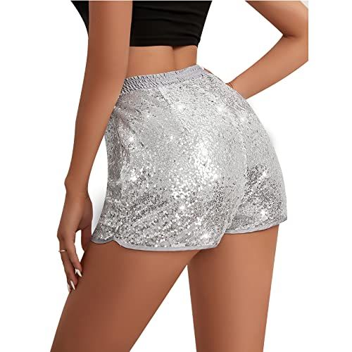 YHYJMY Women's High Waist Sequin Performance Glitter Clubwear Shorts (237480-Silver-L)