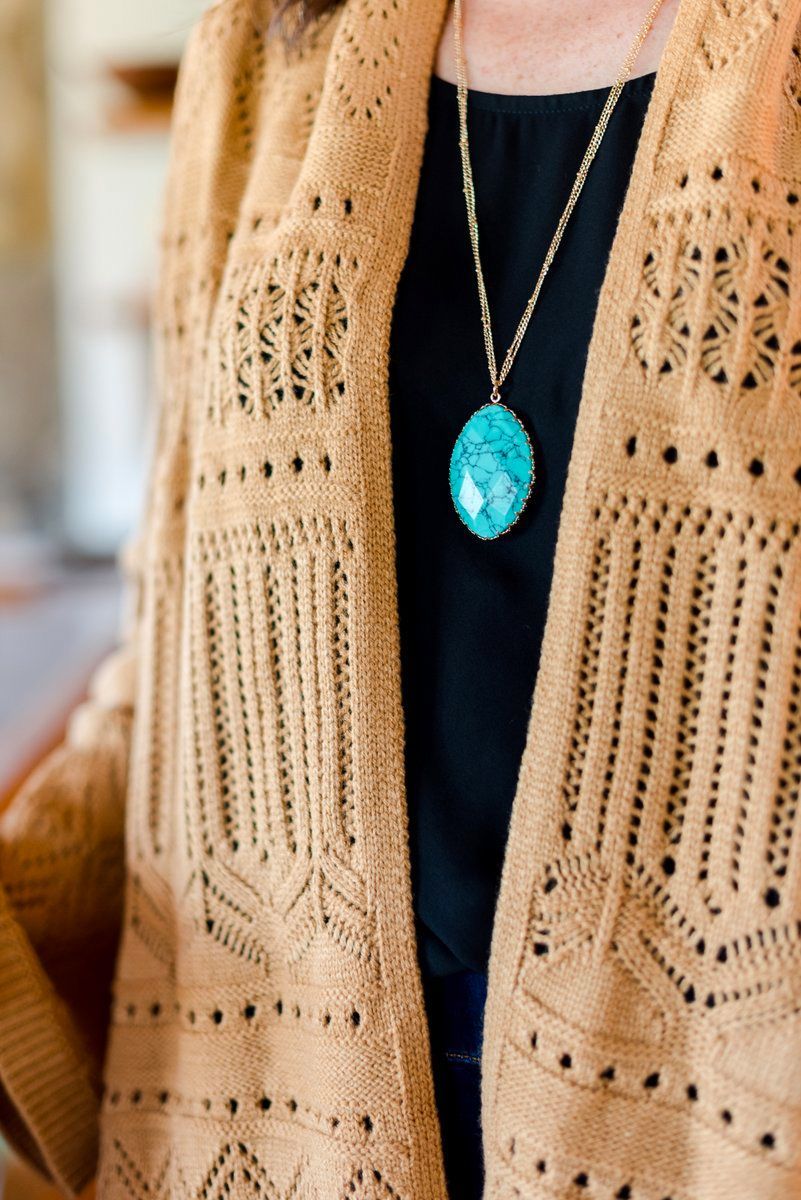 Turquoise Stone and Gold Long Pendant Necklace