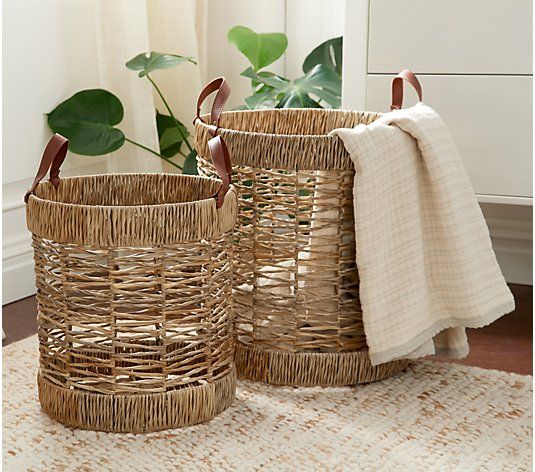  Rattan Baskets with Vegan Leather Handles