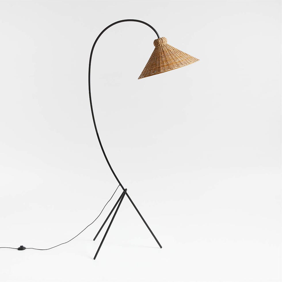 L'Union Black Metal Arc Floor Lamp with Rattan Shade