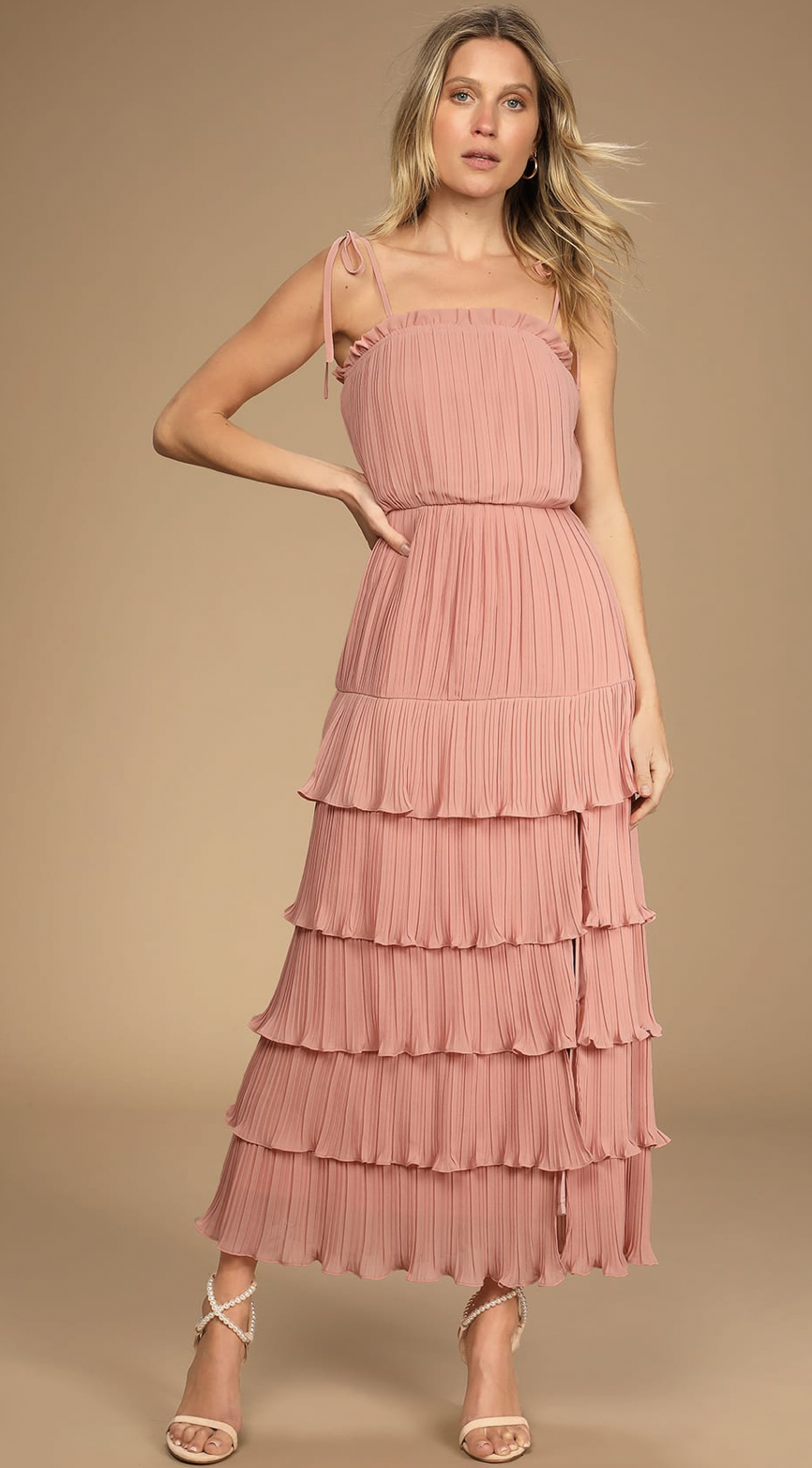 Playing Cupid Pink Pleated Tiered Ruffled Tie-Strap Maxi Dress