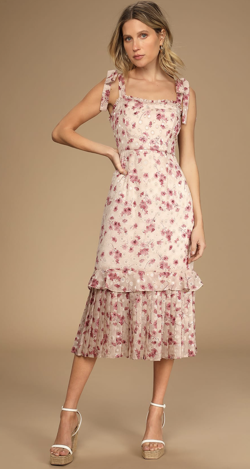 Terrace Views Taupe Floral Print Tiered Midi Dress