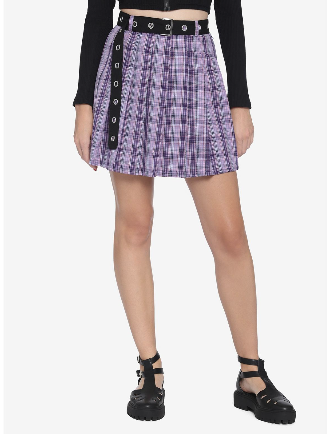 Purple Plaid Pleated Grommet Belt Skirt