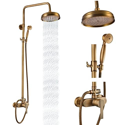 columna de ducha vintage con tubo expuesto en latón , ducha de lluvia y rociador de mano