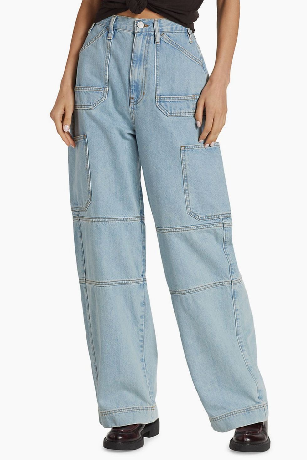 Womens Oversized Denim Cargo Pants With Multi Pockets Relaxed