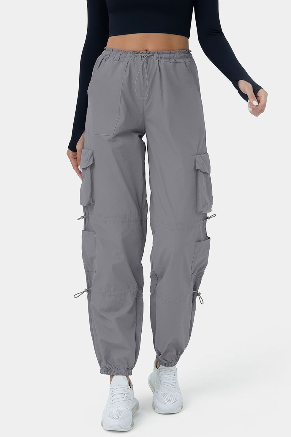 Cheap Grey Cargo Pants Women Drawstring Multi-pocket Overalls