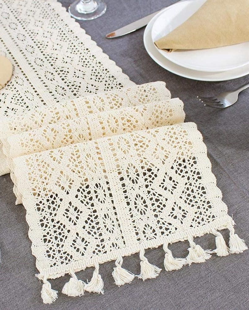 Woven Cotton Crochet Table Runner with Tassels 