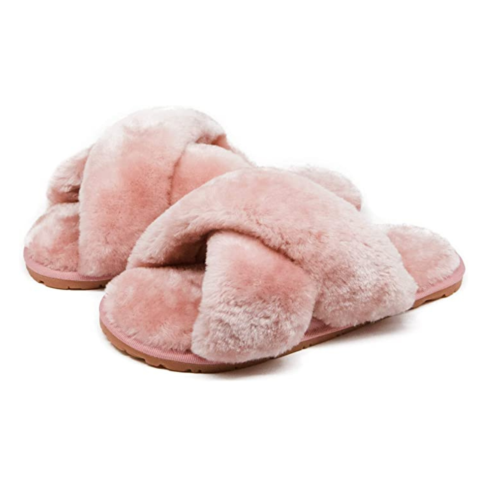  Evshine Women's Fuzzy Slippers Cross Band Memory Foam House  Slippers Open Toe | Slippers